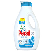 A white bottle of Persil NonBio Washing Liquid Detergent (1431ml) with a blue cap, labeled as a family pack for sensitive skin, provides 53 washes.